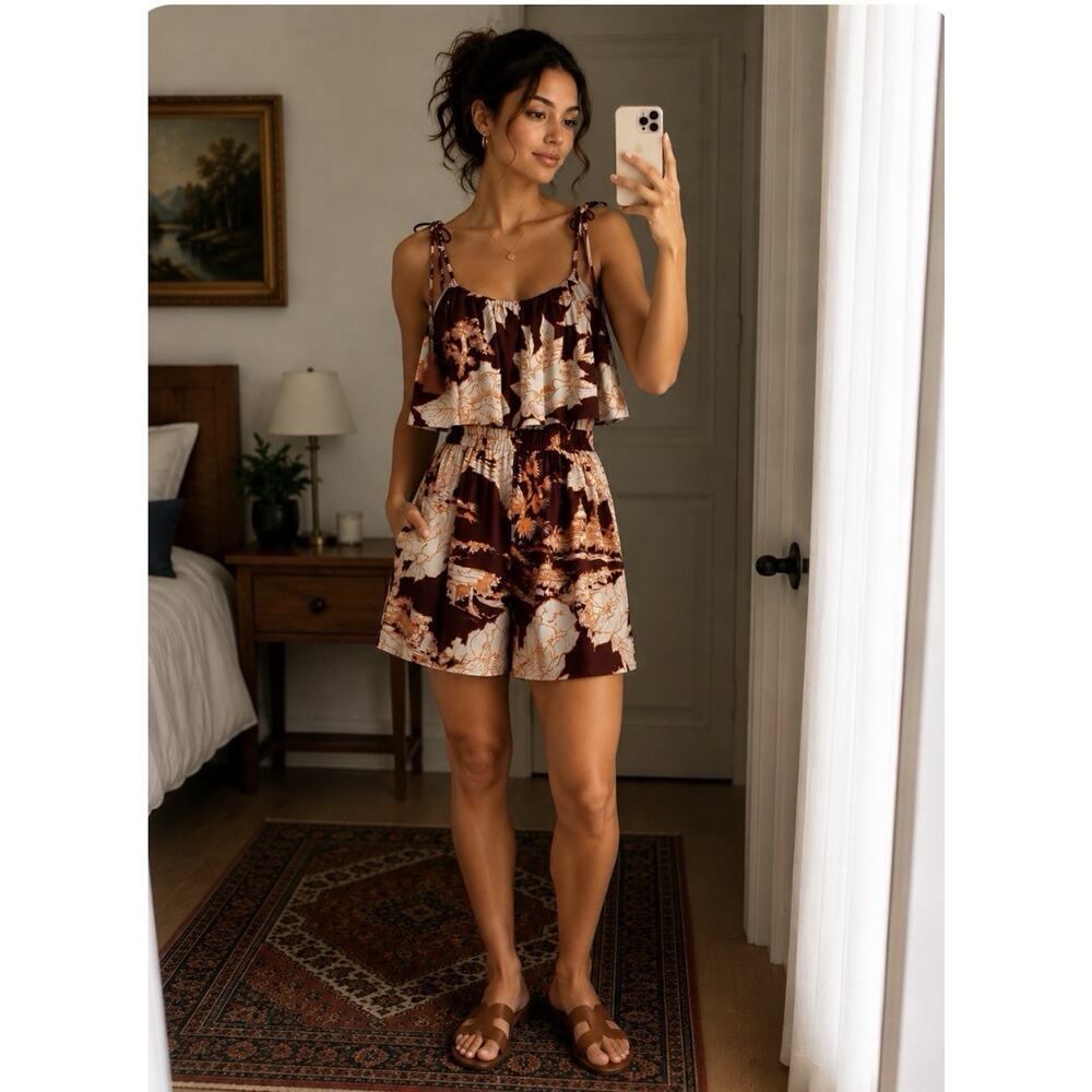 Maaji Brown Orange Floral Trapeze Cover Up Romper Sz S NWT Tassle Tie Straps